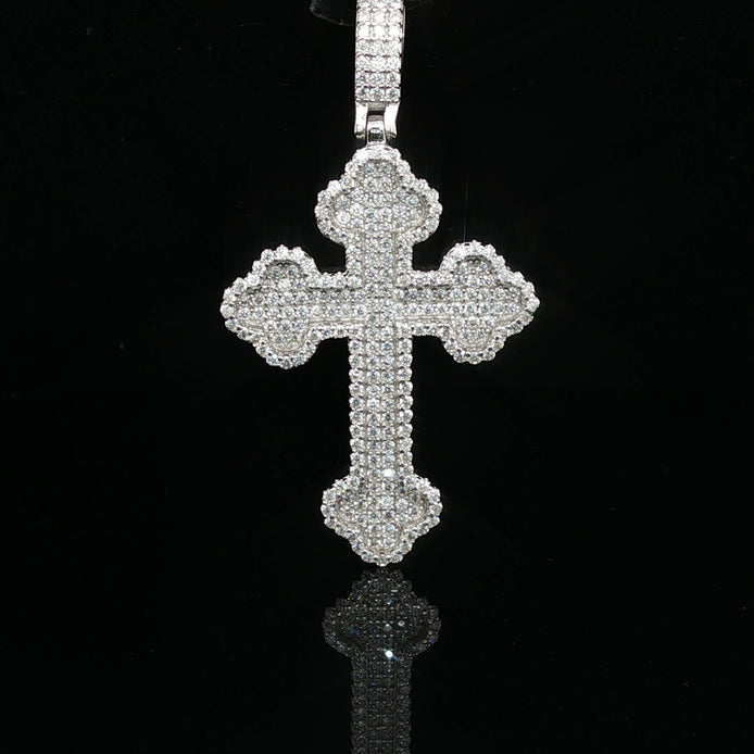 Men's Iced Out Budded Cross Pendant – 925 Sterling Silver | VVS Moissanite | Ornate Scalloped Design