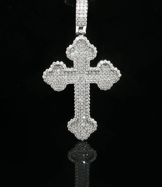 Men's Iced Out Budded Cross Pendant – 925 Sterling Silver | VVS Moissanite | Ornate Scalloped Design