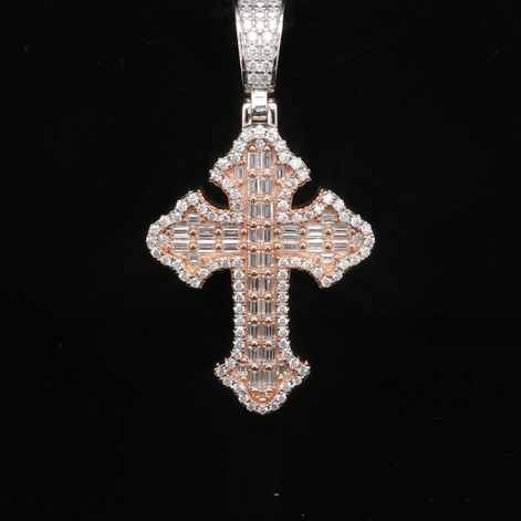 Men's Two-Tone Iced Out Baguette Cross – Rose Gold 925 Silver | VVS Moissanite