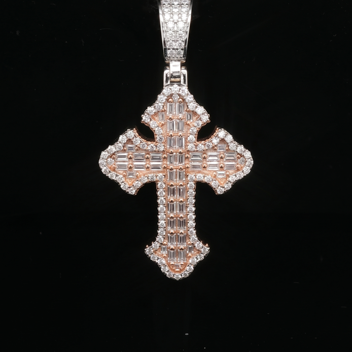 Men's Two-Tone Iced Out Baguette Cross – Rose Gold 925 Silver | VVS Moissanite