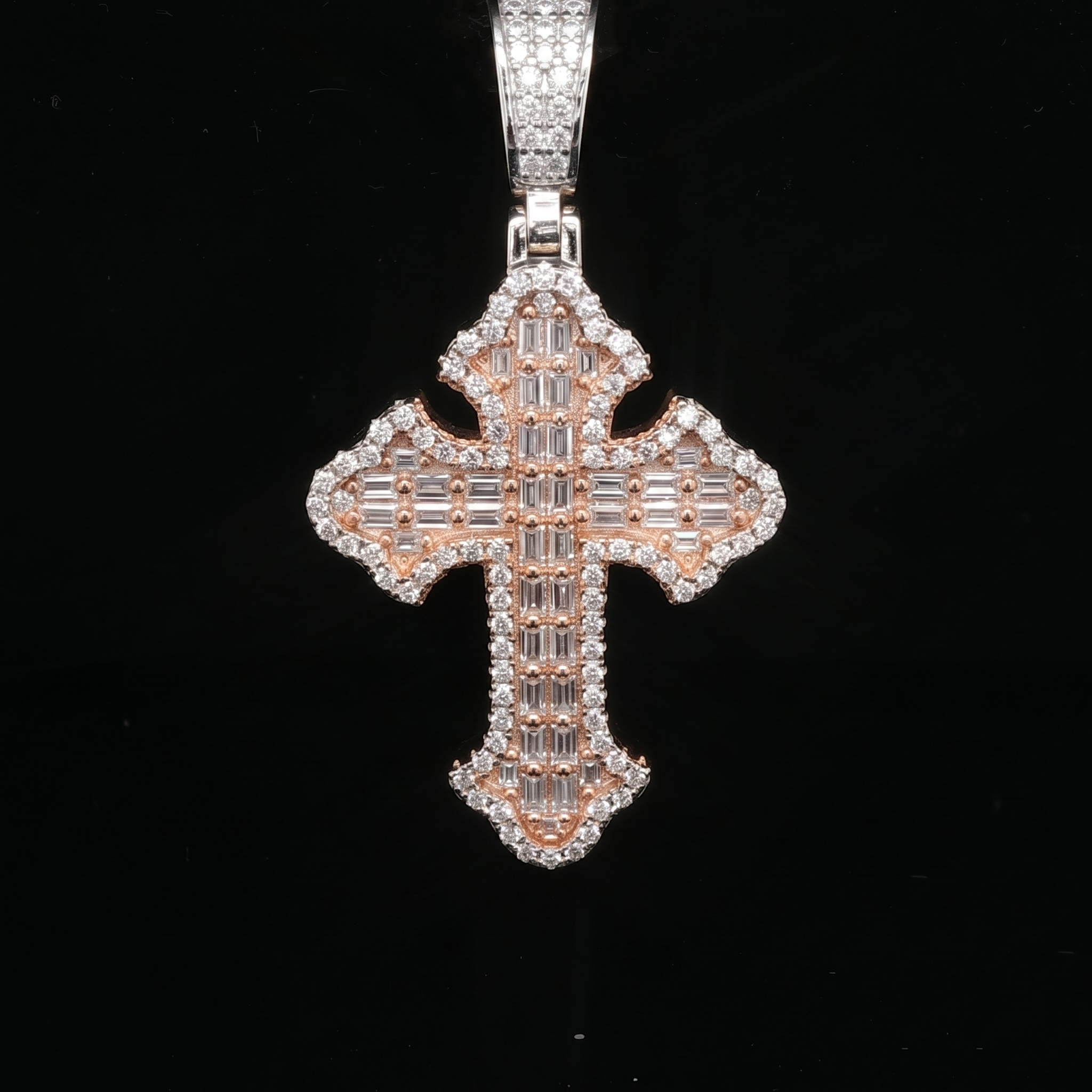 Men's Two-Tone Iced Out Baguette Cross – Rose Gold 925 Silver | VVS Moissanite