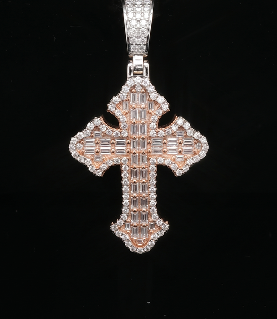 Men's Two-Tone Iced Out Baguette Cross – Rose Gold 925 Silver | VVS Moissanite