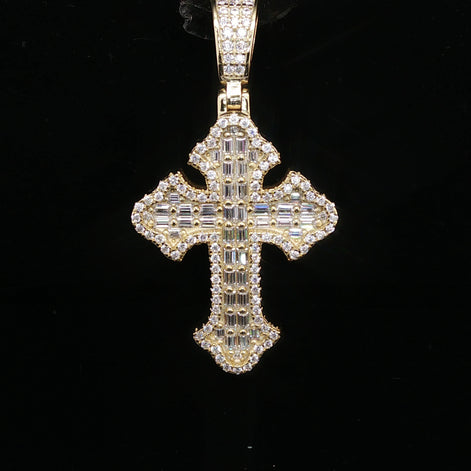 Men's Iced Out Baguette Budded Cross – 14K Gold Over 925 Silver | VVS Moissanite | Two-Tone Stone Architecture