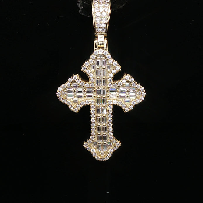 Men's Iced Out Baguette Budded Cross – 14K Gold Over 925 Silver | VVS Moissanite | Two-Tone Stone Architecture