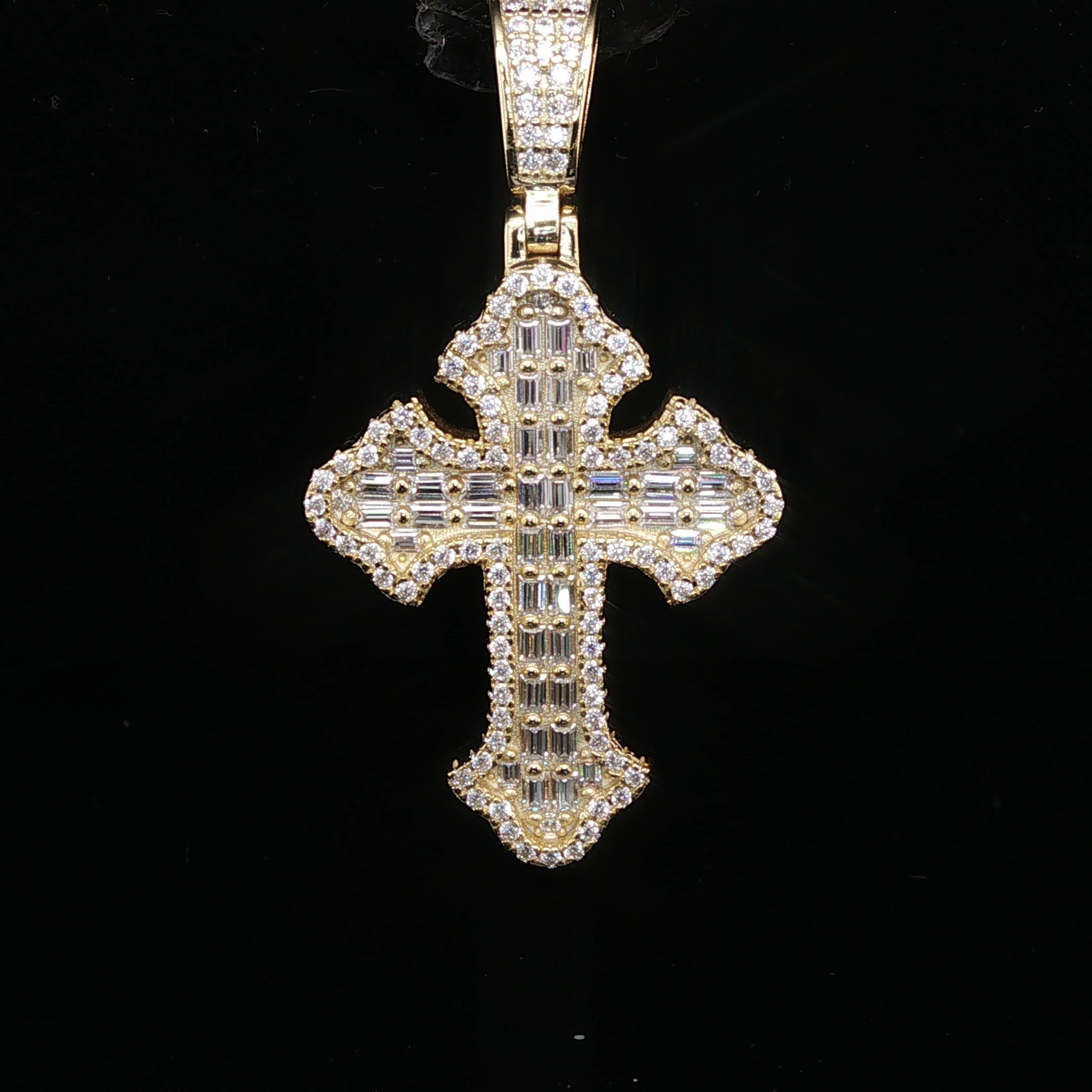 Men's Iced Out Baguette Budded Cross – 14K Gold Over 925 Silver | VVS Moissanite | Two-Tone Stone Architecture