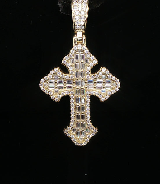 Men's Iced Out Baguette Budded Cross – 14K Gold Over 925 Silver | VVS Moissanite | Two-Tone Stone Architecture