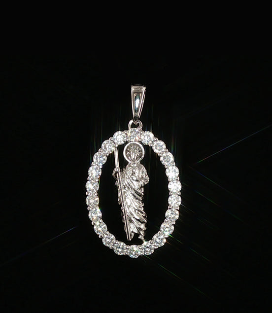 St. Jude Thaddeus Oval Pendant | San Judas Tadeo Charm | 925 Sterling Silver | 0.89Ctw Moissanite