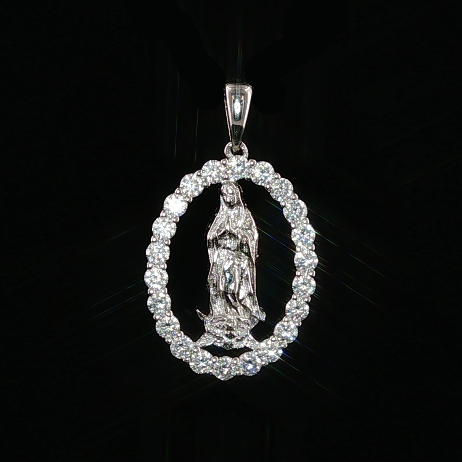 Virgin Mary Oval Pendant | Our Lady of Guadalupe Charm | 925 Sterling Silver | 0.89Ctw Moissanite