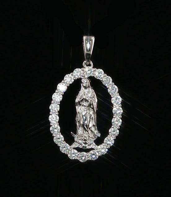 Virgin Mary Oval Pendant | Our Lady of Guadalupe Charm | 925 Sterling Silver | 0.89Ctw Moissanite