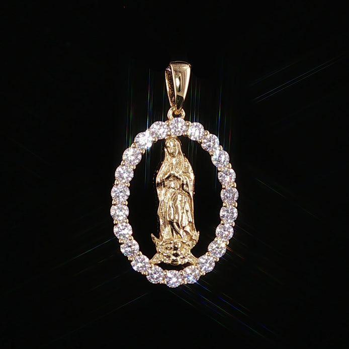 Virgin Mary Oval Pendant | Our Lady of Guadalupe Charm | 925 Sterling Silver | 0.89Ctw Moissanite