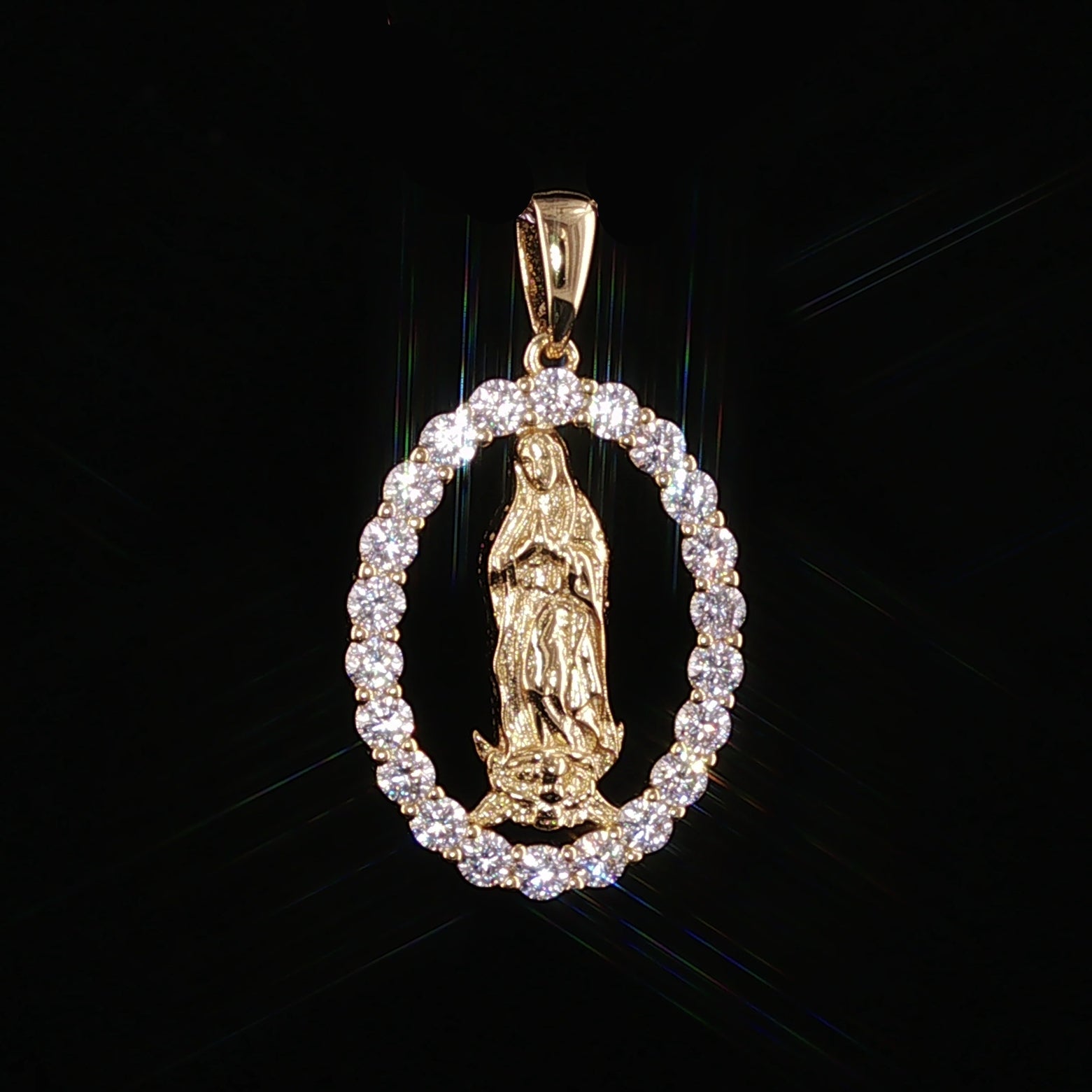 Virgin Mary Oval Pendant | Our Lady of Guadalupe Charm | 925 Sterling Silver | 0.89Ctw Moissanite