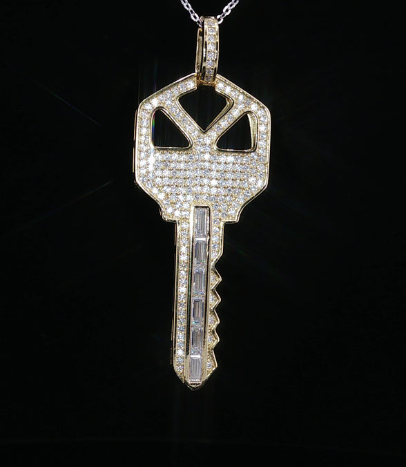 Iced Out Moissanite Key Pendant - 0.8CTW Sterling Silver, White or Gold