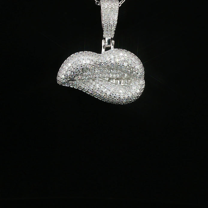 Men's Iced Out Biting Lips Pendant - 2.16 CTW Moissanite, 925 Sterling Silver - White or Gold