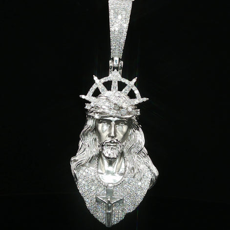 Iced Jesus Piece Pendant — 925 Sterling Silver, 2.15 CTW Moissanite | Crown of Thorns Halo, White or Gold 45mm