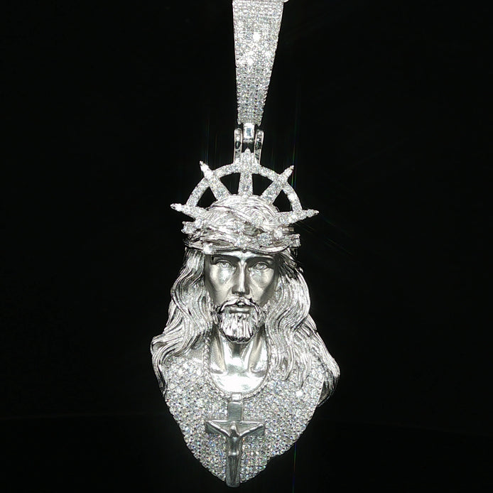 Iced Jesus Piece Pendant — 925 Sterling Silver, 2.15 CTW Moissanite | Crown of Thorns Halo, White or Gold 45mm