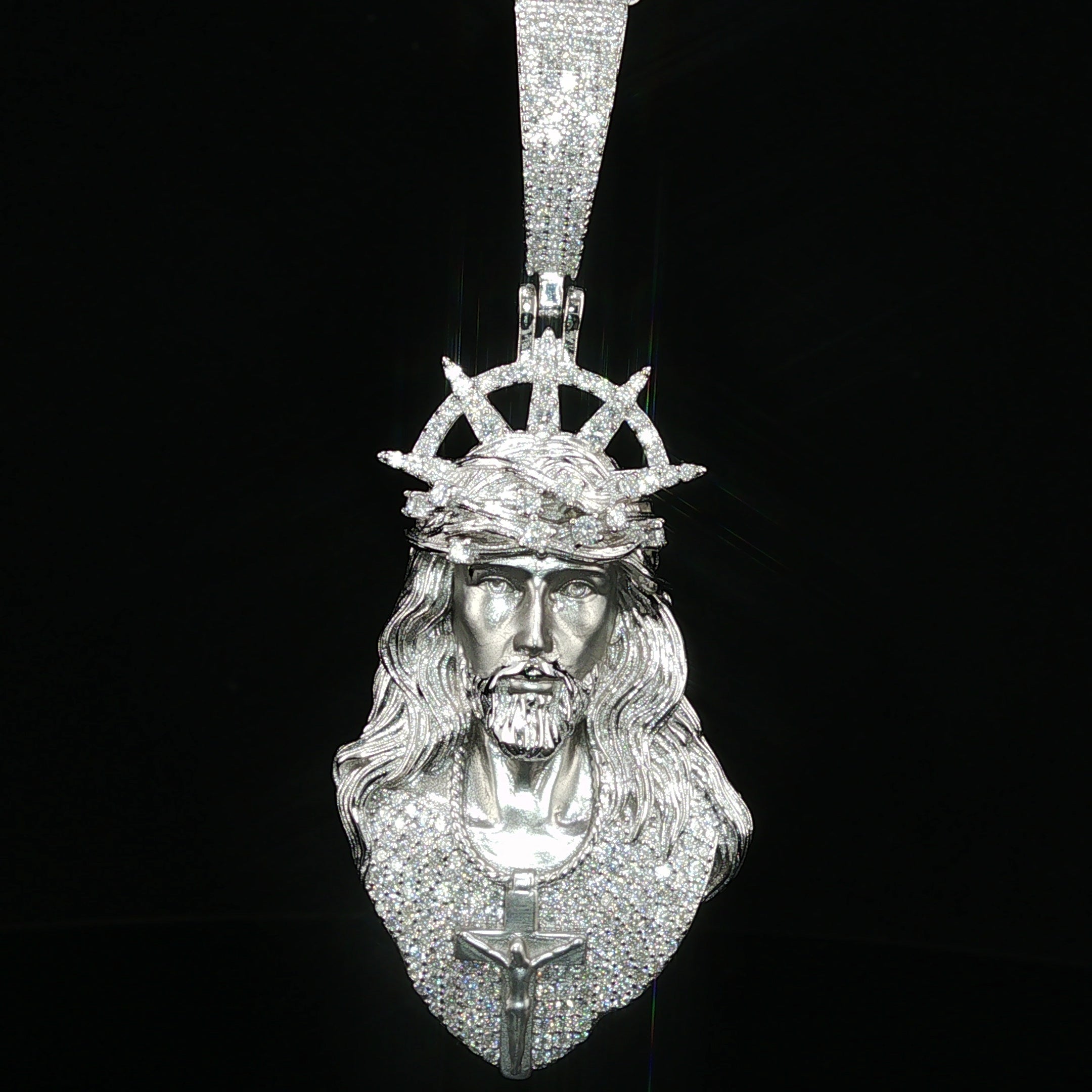 Iced Jesus Piece Pendant — 925 Sterling Silver, 2.15 CTW Moissanite | Crown of Thorns Halo, White or Gold 45mm