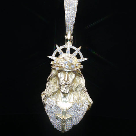 Iced Jesus Piece Pendant — 925 Sterling Silver, 2.15 CTW Moissanite | Crown of Thorns Halo, White or Gold 45mm