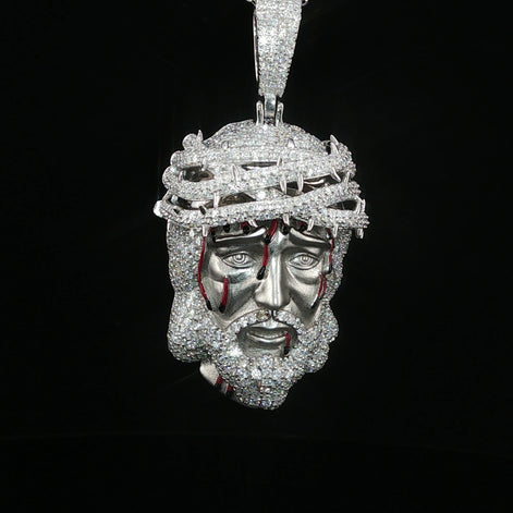 Jesus Head Pendant with Crown of Thorns — 925 Sterling Silver, 5.47 CTW Moissanite, White or Gold 40mm