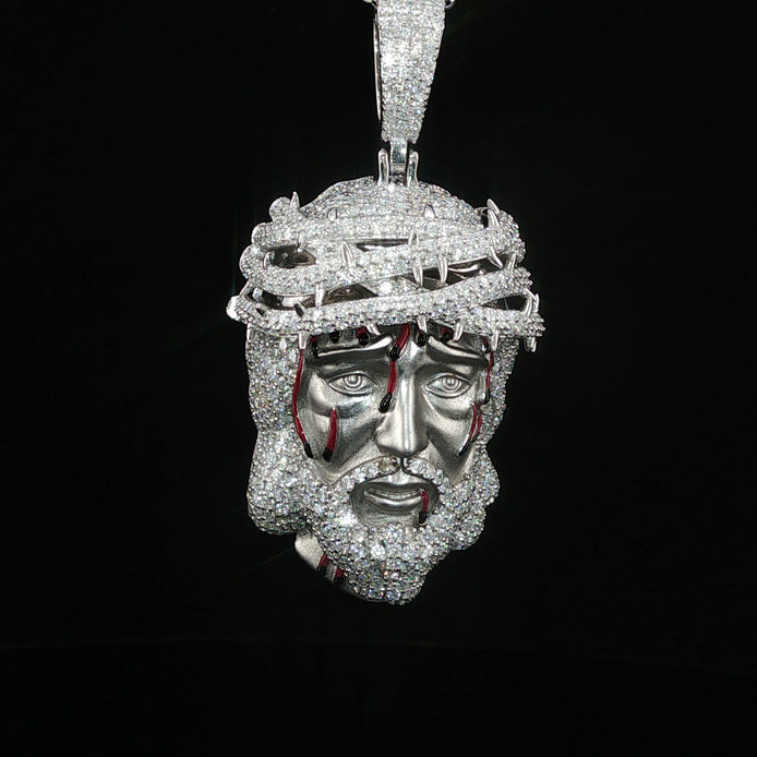 Jesus Head Pendant with Crown of Thorns — 925 Sterling Silver, 5.47 CTW Moissanite, White or Gold 40mm