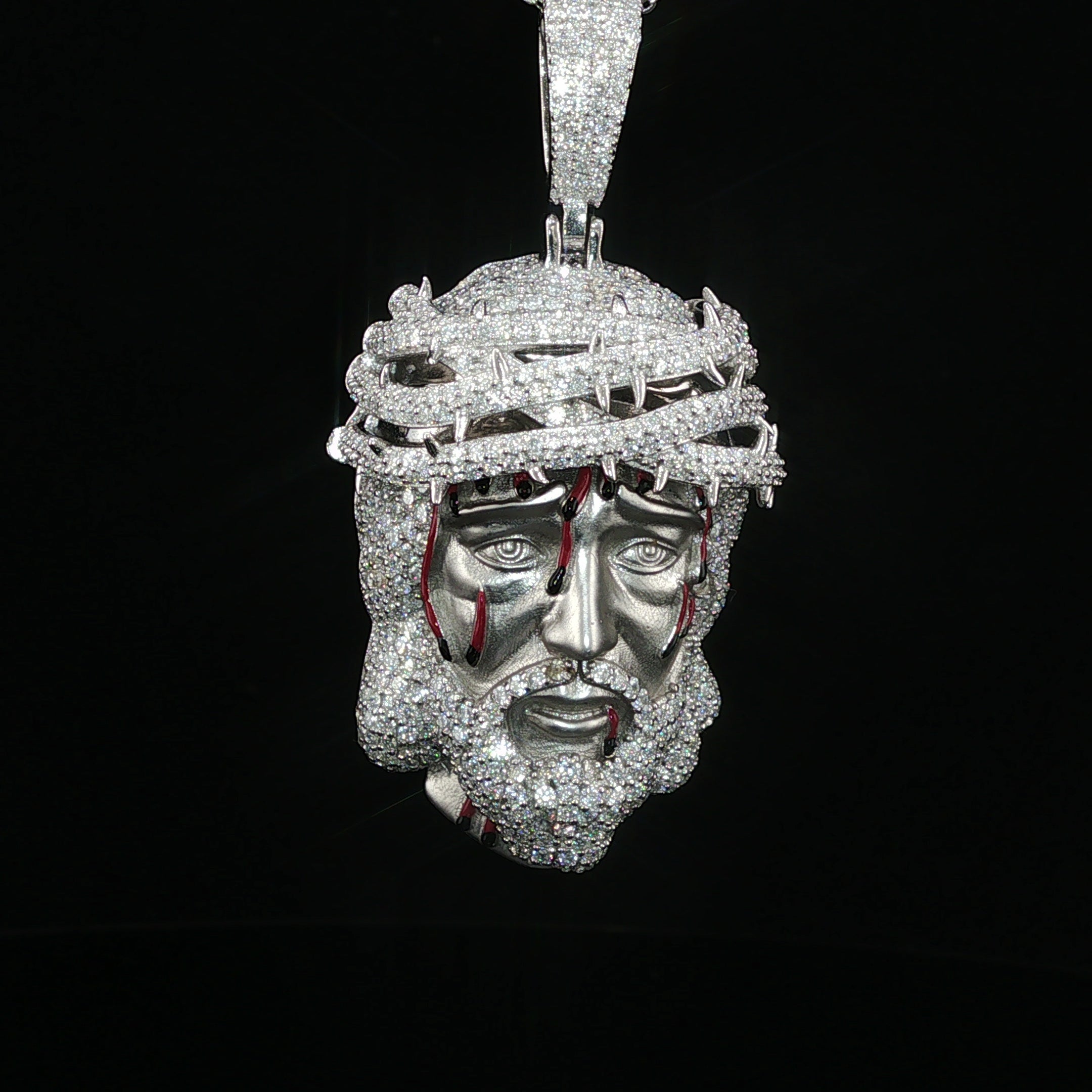 Jesus Head Pendant with Crown of Thorns — 925 Sterling Silver, 5.47 CTW Moissanite, White or Gold 40mm