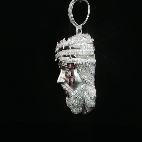 Jesus Head Pendant with Crown of Thorns — 925 Sterling Silver, 5.47 CTW Moissanite, White or Gold 40mm