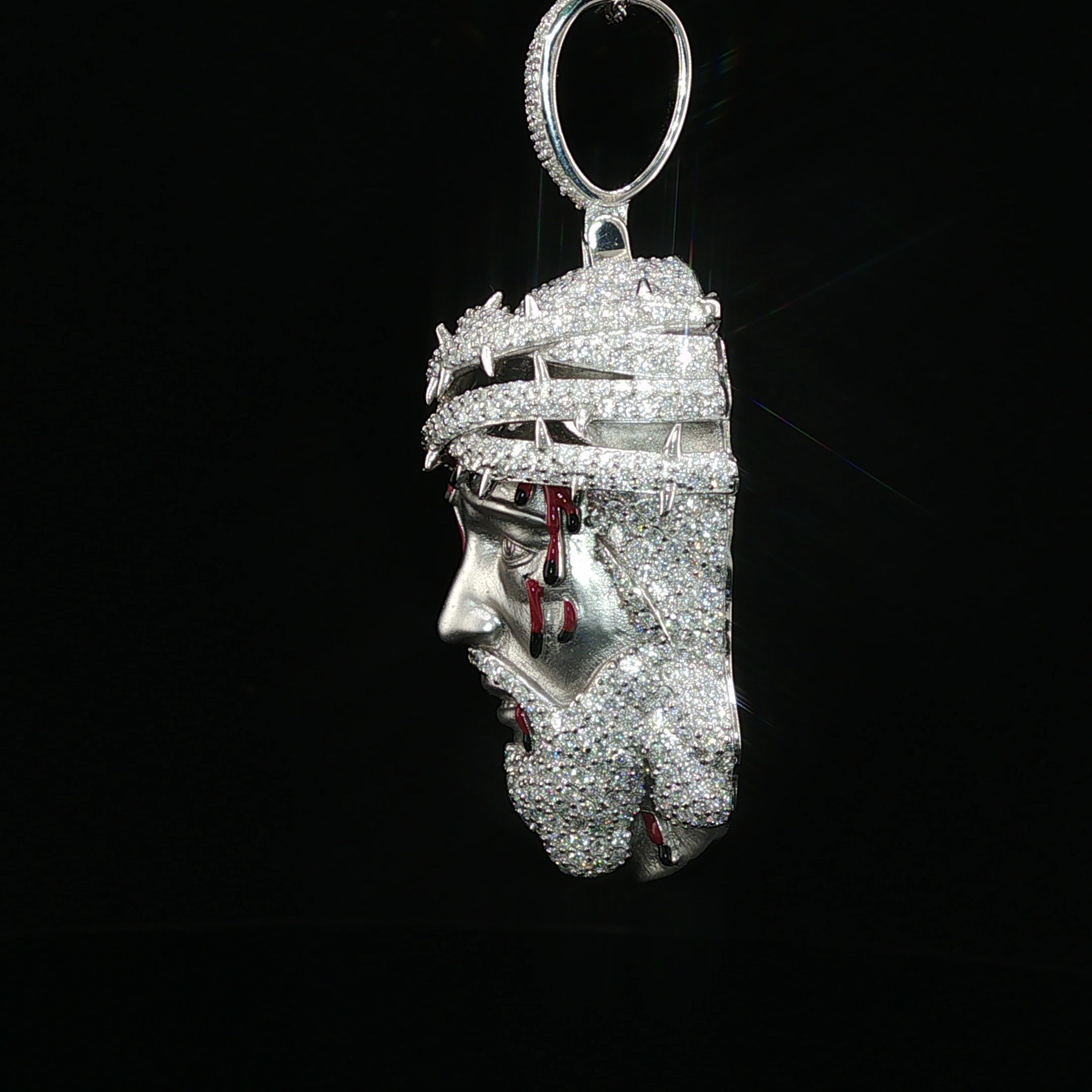 Jesus Head Pendant with Crown of Thorns — 925 Sterling Silver, 5.47 CTW Moissanite, White or Gold 40mm