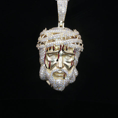 Jesus Head Pendant with Crown of Thorns — 925 Sterling Silver, 5.47 CTW Moissanite, White or Gold 40mm