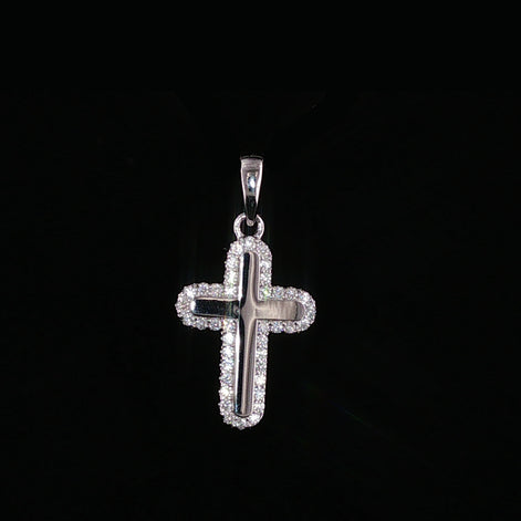Cross Pendant | 925 Sterling Silver | 0.2Ctw Moissanite Border | High-Polish Center | 6.6mm