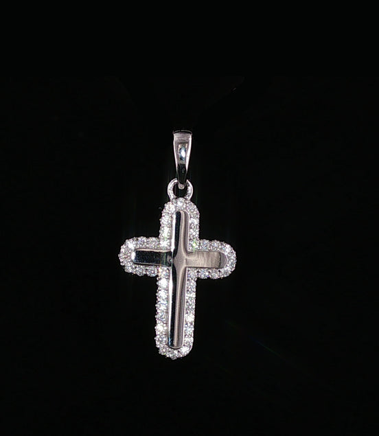 Cross Pendant | 925 Sterling Silver | 0.2Ctw Moissanite Border | High-Polish Center | 6.6mm