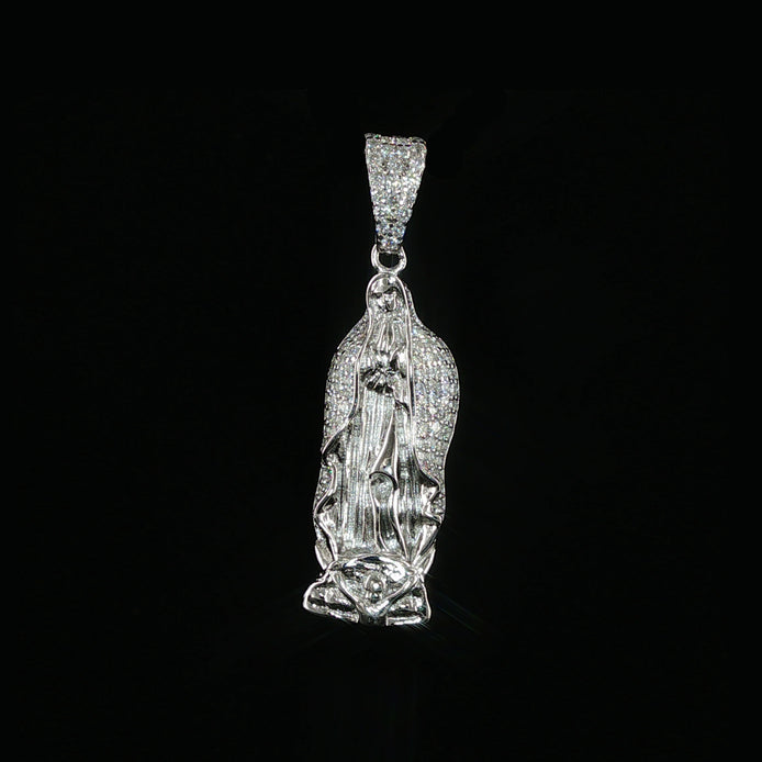 Virgin Mary Pendant | Our Lady of Guadalupe | 925 Sterling Silver | 0.6Ctw Moissanite | 30mm