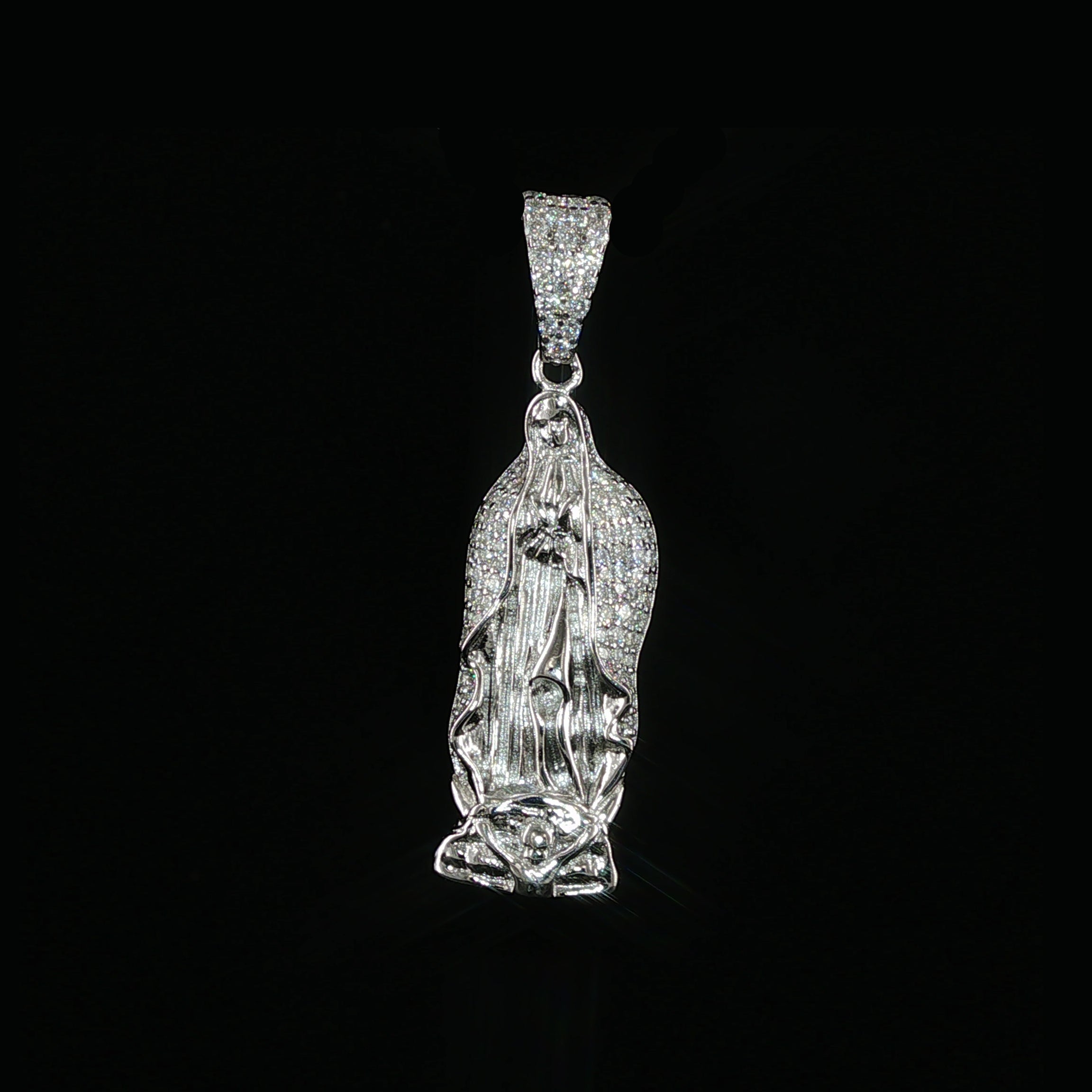 Virgin Mary Pendant | Our Lady of Guadalupe | 925 Sterling Silver | 0.6Ctw Moissanite | 30mm