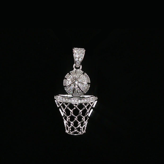 Basketball Hoop Pendant | 925 Sterling Silver | 0.3Ctw Moissanite | Sports Charm | 20mm