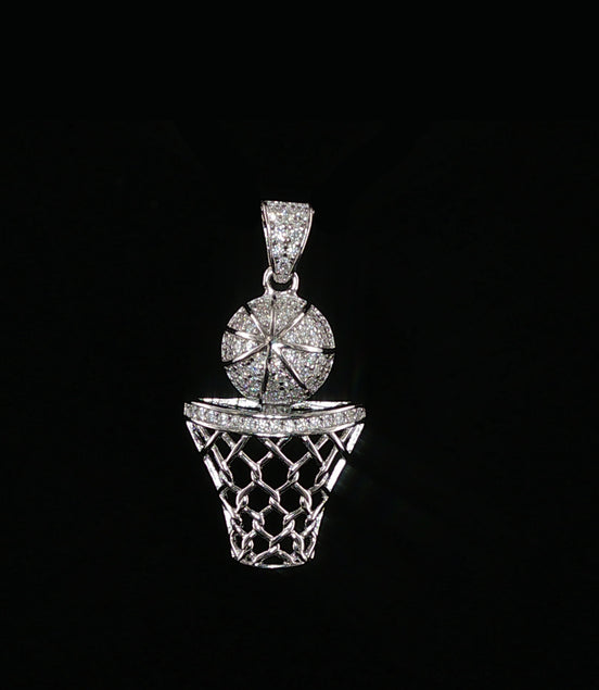 Basketball Hoop Pendant | 925 Sterling Silver | 0.3Ctw Moissanite | Sports Charm | 20mm