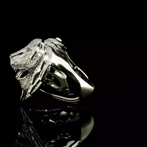 Men's Iced Out Lion Head Ring with Emerald Eyes | 1.35ct | 28mm | VVS