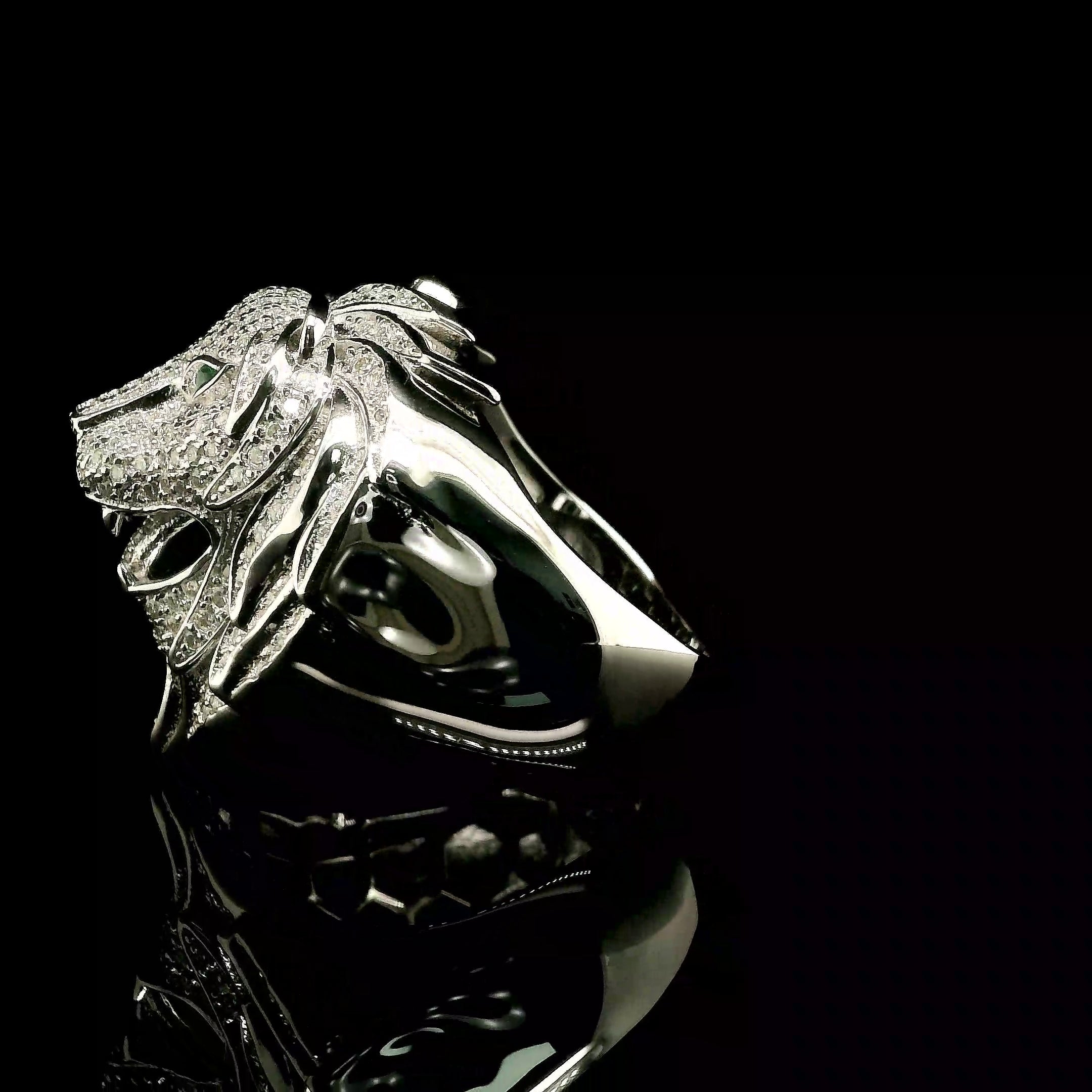 Men's Iced Out Lion Head Ring with Emerald Eyes | 1.35ct | 28mm | VVS