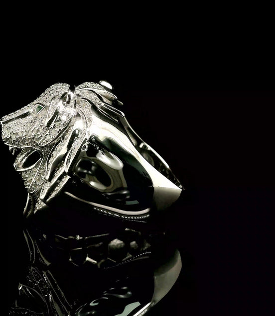 Men's Iced Out Lion Head Ring with Emerald Eyes | 1.35ct | 28mm | VVS