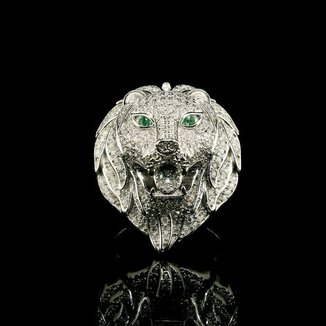 Men's Iced Out Lion Head Ring with Emerald Eyes | 1.35ct | 28mm | VVS