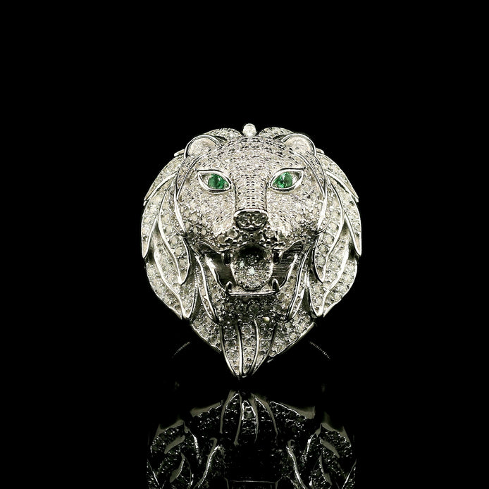Men's Iced Out Lion Head Ring with Emerald Eyes | 1.35ct | 28mm | VVS