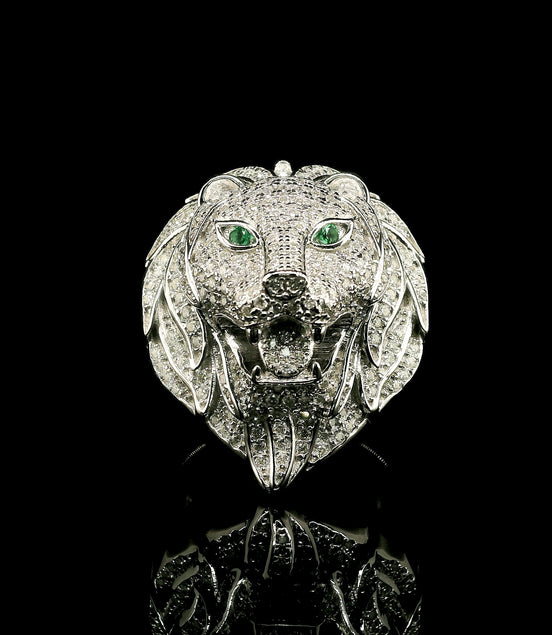 Men's Iced Out Lion Head Ring with Emerald Eyes | 1.35ct | 28mm | VVS