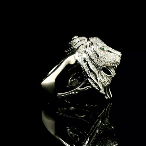 Men's Iced Out Lion Head Ring with Emerald Eyes | 1.35ct | 28mm | VVS