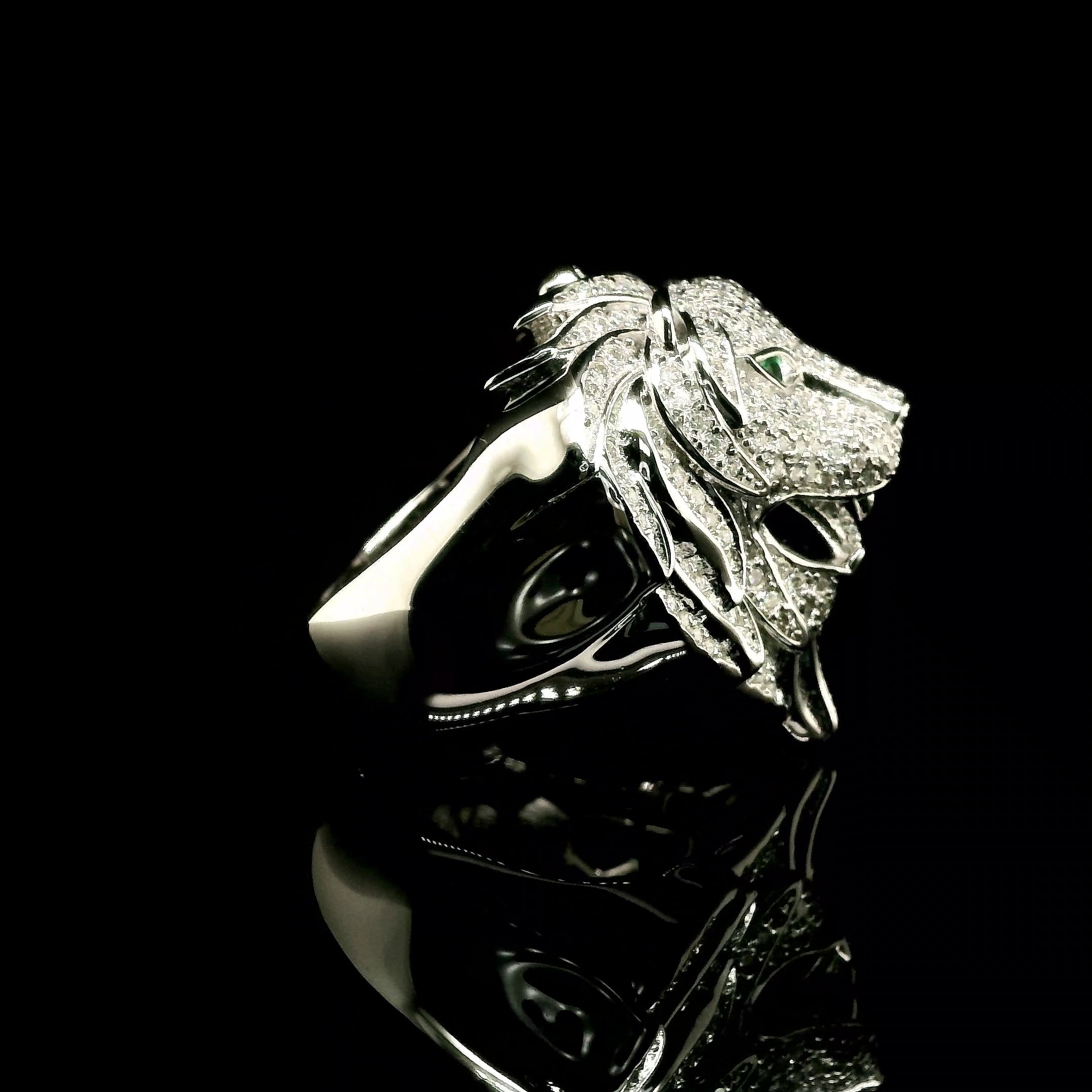 Men's Iced Out Lion Head Ring with Emerald Eyes | 1.35ct | 28mm | VVS