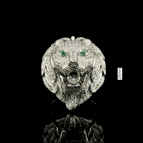 Men's Iced Out Lion Head Ring with Emerald Eyes | 1.35ct | 28mm | VVS