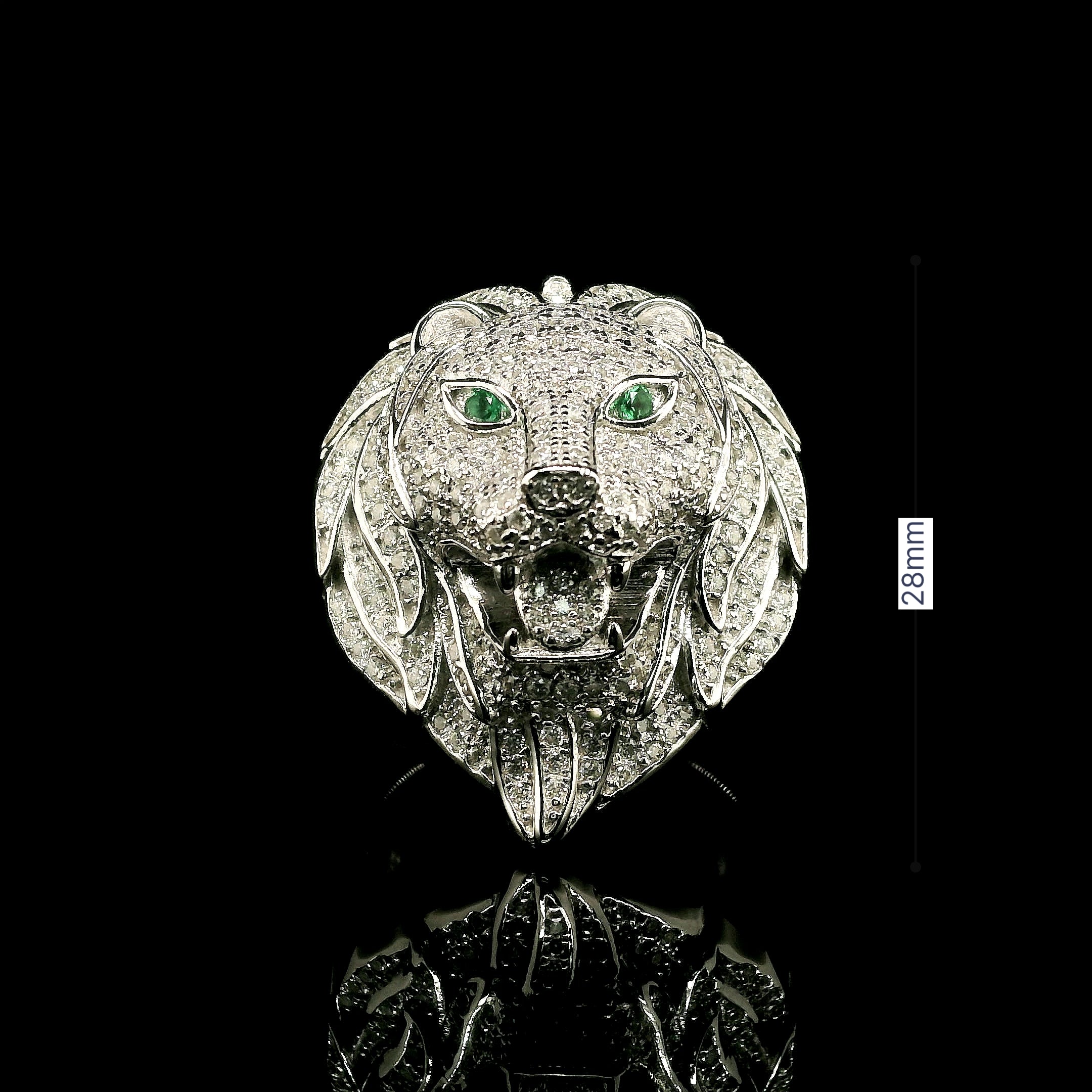 Men's Iced Out Lion Head Ring with Emerald Eyes | 1.35ct | 28mm | VVS