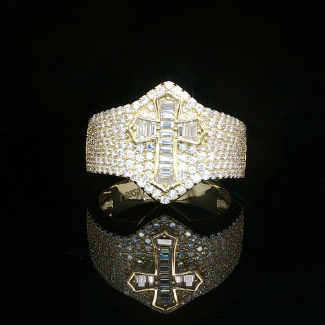 Men's Iced Out Cross Ring – 925 Sterling Silver | 1.5 CTW Baguette & Round Moissanite | Diamond-Shape Band