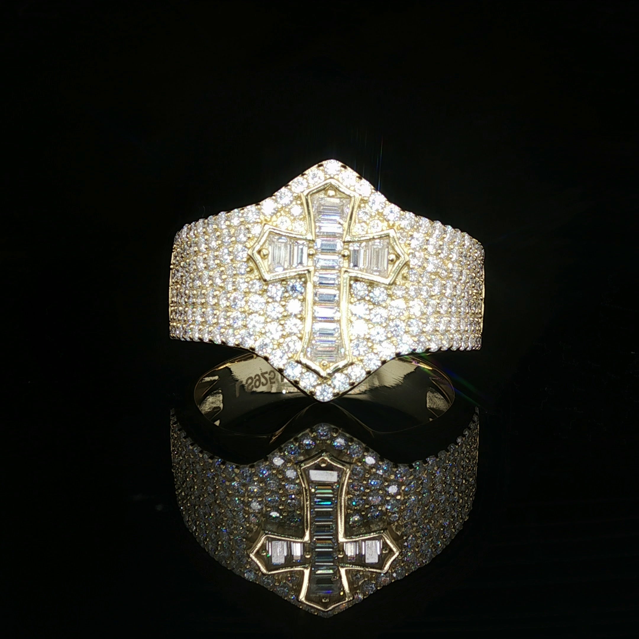 Men's Iced Out Cross Ring – 925 Sterling Silver | 1.5 CTW Baguette & Round Moissanite | Diamond-Shape Band
