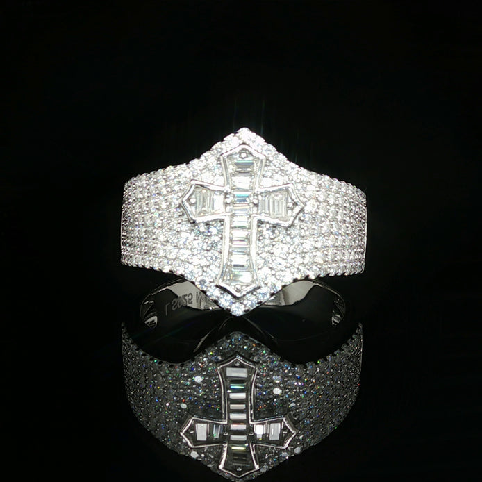 Men's Iced Out Cross Ring – 925 Sterling Silver | 1.5 CTW Baguette & Round Moissanite | Diamond-Shape Band