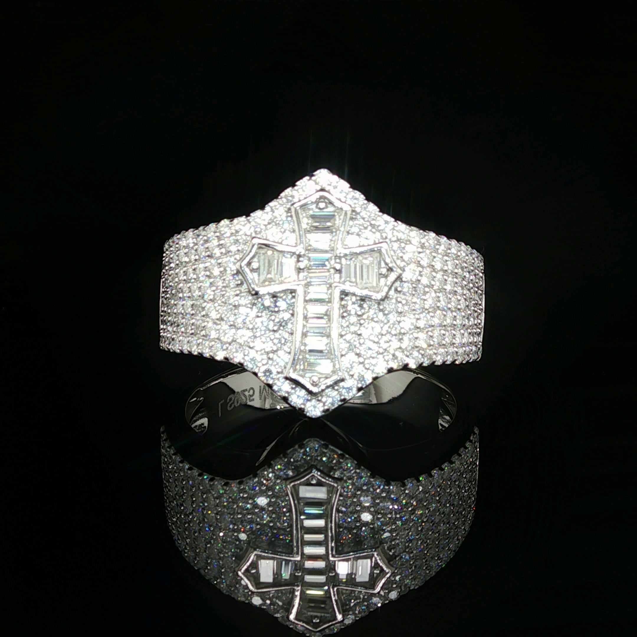 Men's Iced Out Cross Ring – 925 Sterling Silver | 1.5 CTW Baguette & Round Moissanite | Diamond-Shape Band