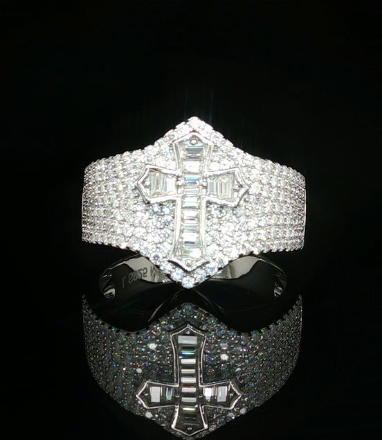 Men's Iced Out Cross Ring – 925 Sterling Silver | 1.5 CTW Baguette & Round Moissanite | Diamond-Shape Band