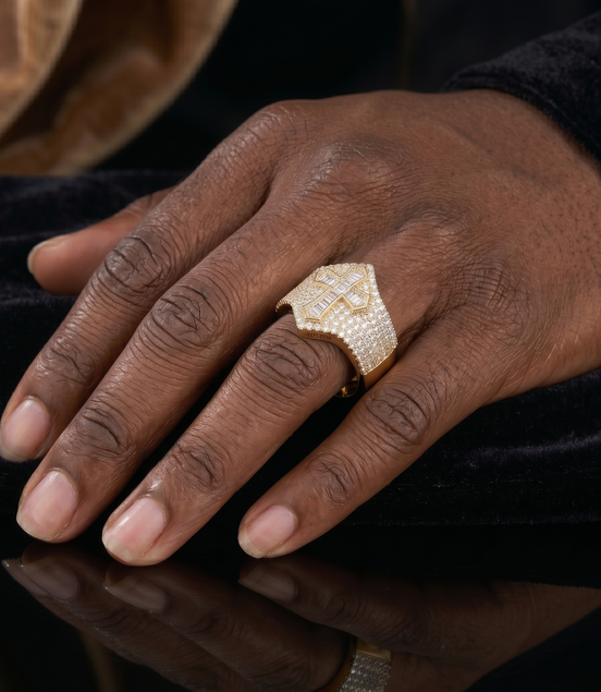 Men's Iced Out Cross Ring – 925 Sterling Silver | 1.5 CTW Baguette & Round Moissanite | Diamond-Shape Band